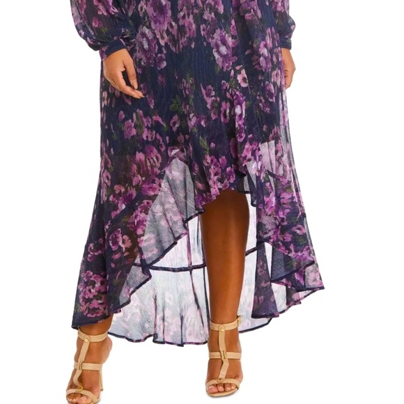 Women’s Formal Dress Size 20W NIGHTWAY Purple Navy Tie Blouson Long Sleeve Hi-Lo - Picture 5 of 11